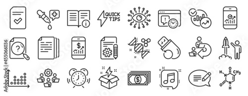 Set of Education icons, such as Artificial intelligence, Smartphone statistics, Message icons. Chemistry pipette, Mobile finance, Delegate work signs. Musical note, Payment, Checked file. Vector