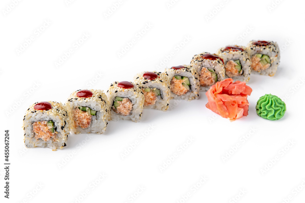 Roll with crab meat and cucumber. Japanese food. Sushi menu for restaurant isolated on white background Roll with crab meat and cucumber. Japanese food. Sushi menu for restaurant isolated on white background