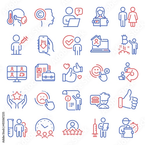 People icons set. Included icon as Human rating, Chef, Delegate work signs. Medical analyzes, Verification person, Download app symbols. Sick man, Online question, Meeting time. Ranking. Vector