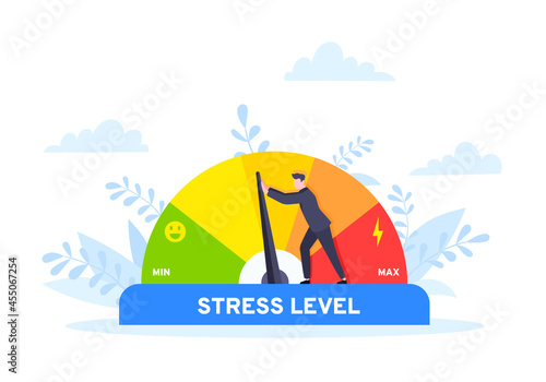 Reduce stress level flat style design concept vector illustration. Emotion overload, burnout and fatigue from work. Stress level meter gauge emotion stages. Person pushes arrow from maximum to minimum