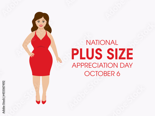 National Plus Size Appreciation Day vector. Beautiful curvy woman in red dress icon vector. Plus size fashion model female vector. Happy body positive girl icon. October 6, important day