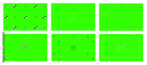 Green colored chroma key background screen flat style design vector illustration set. Chroma key VFX screen with tracking marks on it abstract background concept for video footage.