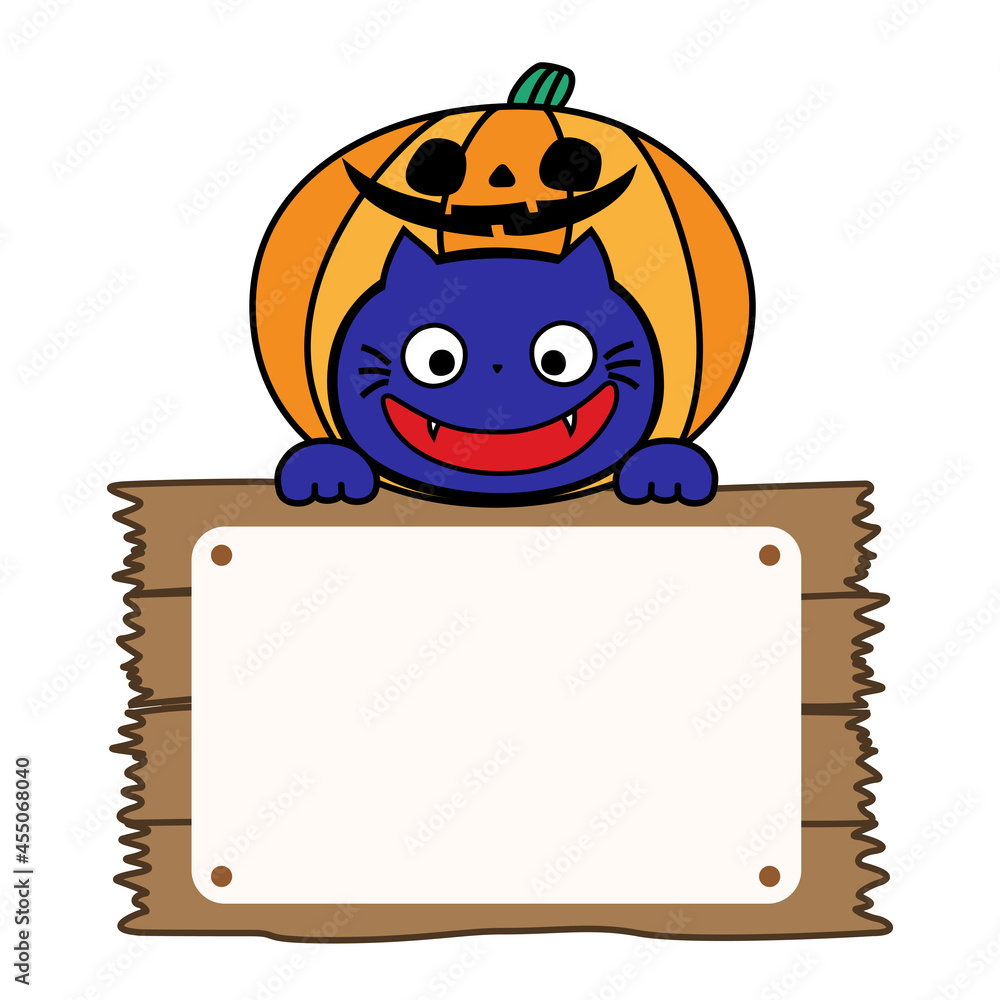 Holloween用のかぼちゃの帽子をかぶっているかわいい黒猫イラスト コピースペースあり Stock Vector Adobe Stock