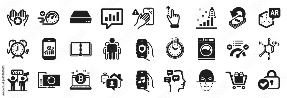 Set of Technology icons, such as Group, Music app, Speedometer icons. Augmented reality, Work home, Voting campaign signs. Time management, Mini pc, Favorite. Recovery computer, Book, Time. Vector