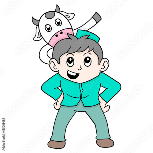 boy and his cow friend are playing together, doodle icon image kawaii