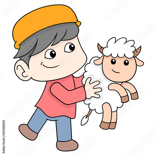 boy playing with cute lamb, doodle icon image kawaii