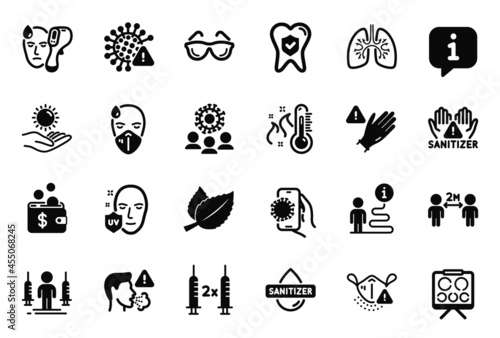Vector Set of Medical icons related to Coronavirus vaccine  Use gloves and Lungs icons. Eyeglasses  Clean hands and Coronavirus signs. Uv protection  Sun protection and Medical mask. Cough. Vector