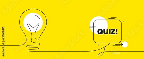 Quiz text. Continuous line idea chat bubble banner. Answer question sign. Examination test symbol. Quiz chat message lightbulb. Idea light bulb yellow background. Vector