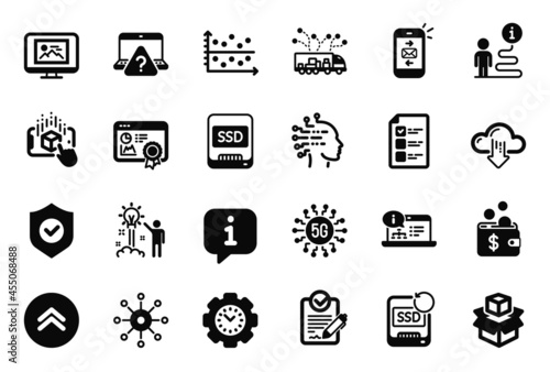 Vector Set of Technology icons related to Artificial intelligence, 5g technology and Photo thumbnail icons. Truck delivery, Multichannel and Voting ballot signs. Online question, Dot plot. Vector