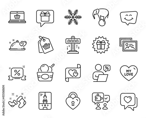 Vector set of Snowflake, Sale tag and Attraction line icons set. Santa boots, Ice cream and Smile chat icons. Surprise gift, Crane claw machine and Elephant on ball signs. Snowflake web symbol. Vector