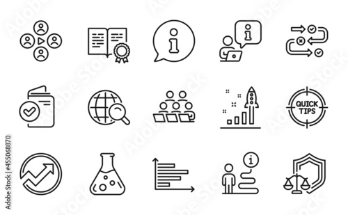 Education icons set. Included icon as Justice scales, Certificate, Internet search signs. Teamwork, Chemistry lab, Verification document symbols. Horizontal chart, Survey progress, Tips. Vector