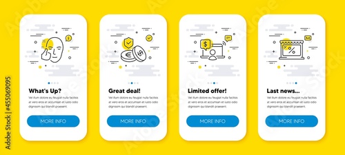 Vector set of Healthy face, Savings insurance and Online shopping line icons set. UI phone app screens with line icons. Market icon. Healthy cosmetics, Money exchange, Internet buying. Vector