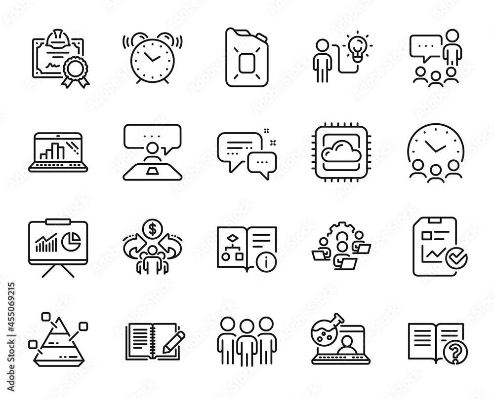 Vector set of People chatting, Graph laptop and Pyramid chart line icons set. Alarm clock, Report checklist and Certificate icons. Cloud computing, Canister oil and Sharing economy signs. Vector Vector set of People chatting, Graph laptop and Pyramid chart line icons set. Alarm clock, Report checklist and Certificate icons. Cloud computing, Canister oil and Sharing economy signs. Vector
