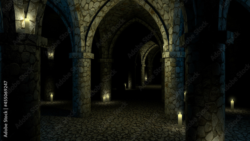 scary medieval church underground. Stone corridor with candles. 3d rendering.