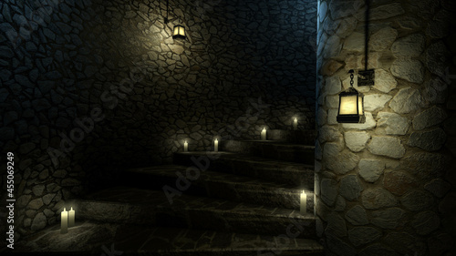 scary dungeon staircase. Rock walls, old lamps and candles. 3d rendering. photo