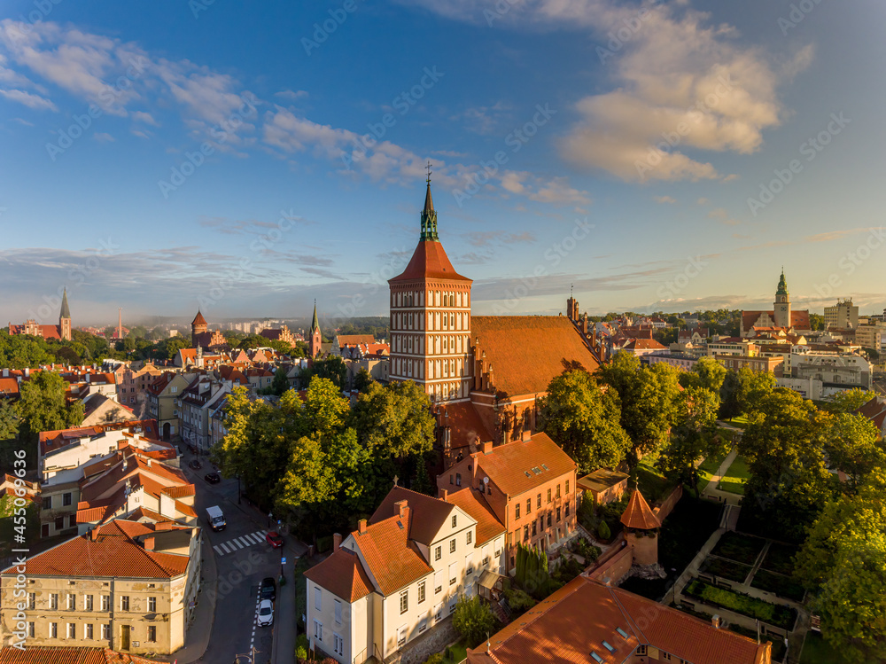 St. James, Evangelical church, castle of the Warmia chapter, garrison church of the Blessed Virgin Mary, Queen of Poland and the Town Hall - at sunrise - Olsztyn, Warmia and Masuria, Poland, Europe