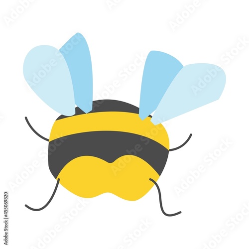 Yellow bumblebee with gray stripes and light blue wings. Back view. Simple flat cartoon style. Cute and funny. Summer or spring. For kids. For post cards, posters, scrapbooking, stationery and textile
