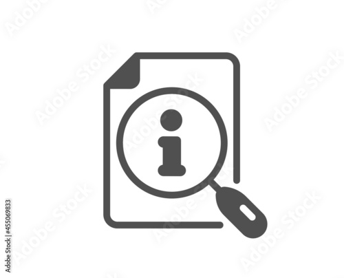 Search info icon. User manual sign. Information document symbol. Classic flat style. Quality design element. Simple search icon. Vector