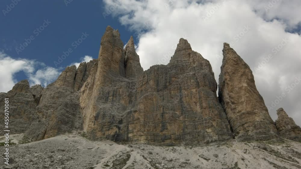 Slow pan left across the three peaks at Tre Cime di Lavaredo, Italy Slow pan left across the three peaks at Tre Cime di Lavaredo, Italy
