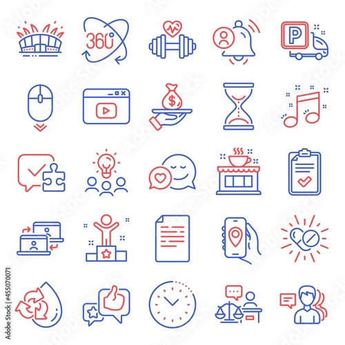 Business icons set. Included icon as Scroll down, Document, Arena stadium signs. Coffee shop, Court judge, Musical note symbols. Outsource work, Video content, Winner. Loan, Time hourglass. Vector
