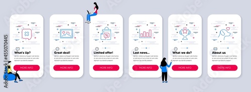 Set of Business icons, such as Victory, Sale bags, Report diagram icons. UI phone app screens with teamwork. Photo, Reject, Pets care line symbols. Vector