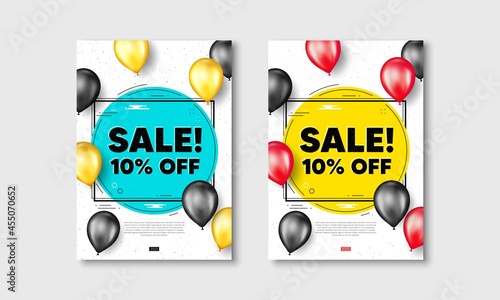 Sale 10 percent off discount. Flyer posters with realistic balloons cover. Promotion price offer sign. Retail badge symbol. Sale text frame white posters. Balloons cover. Vector