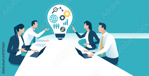 Discussing Idea. The team is talking about a new project. Vector illustration.