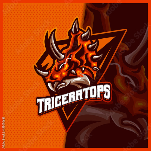 Triceratops dinosaurs mascot esport logo design illustrations vector template, Raptor logo for team game streamer youtuber banner twitch discord