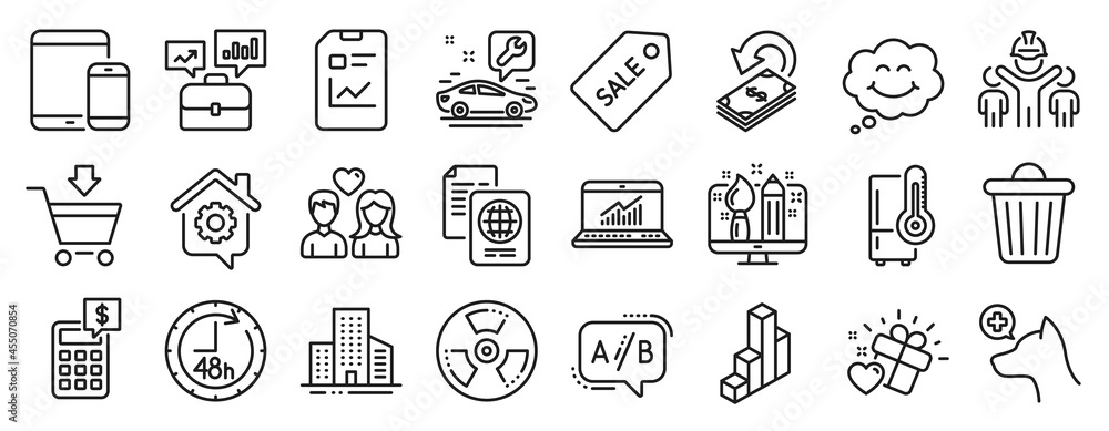 Set of Business icons, such as Sale ticket, Car service, Mobile devices icons. Couple love, 48 hours, Online statistics signs. Passport document, Cashback, Work home. Business portfolio. Vector