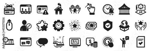 Set of Technology icons, such as Edit user, Checked file, Star icons. Browser window, Augmented reality, Survey results signs. Security shield, Ranking, Internet warning. Online test, Home. Vector