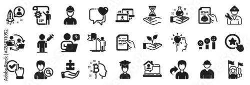 Set of People icons  such as Loyalty star  Time hourglass  Chemistry lab icons. Technical documentation  Foreman  Checkbox signs. Outsource work  Puzzle  Helping hand. Idea  Feminism. Vector
