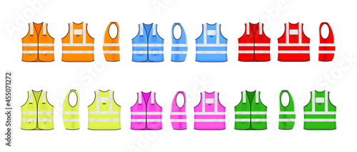 Safety reflective vest icon sign flat style design vector illustration. Various color fluorescent security safety work jacket reflective stripes. Front view road uniform vest isolated white background