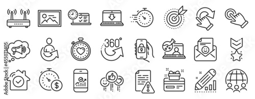 Set of Technology icons, such as Touchscreen gesture, Online chemistry, Online test icons. Smile, Photo, Winner medal signs. 360 degrees, Smartphone statistics, Timer. Edit statistics. Vector