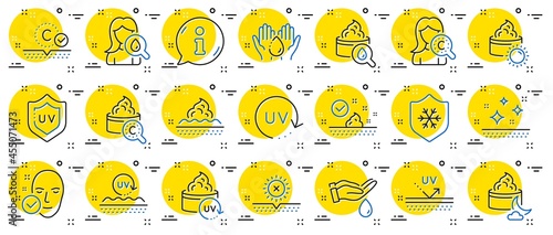 Skin care line icons. Collagen, Cream, Serum oil and Skincare. Face sun lotion gel, Uv protection, vitamin E icons. Night face skin care cream protection. Skincare cosmetic. Info center bubble. Vector