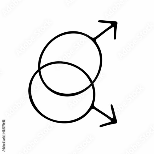 Doodle gender symbol. Two crossed symbols of Mars. Outline male sign isolated on white background. Men love combinations. Sketch LGBT, gay, pride, bisexual icons. Vector hand-drawn line illustration