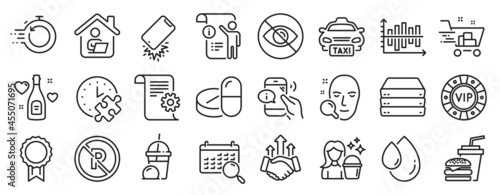 Set of Business icons, such as Puzzle time, Shopping cart, Diagram chart icons. Ice cream milkshake, Taxi, Servers signs. Search calendar, Medical drugs, Call center. Love champagne, Deal. Vector