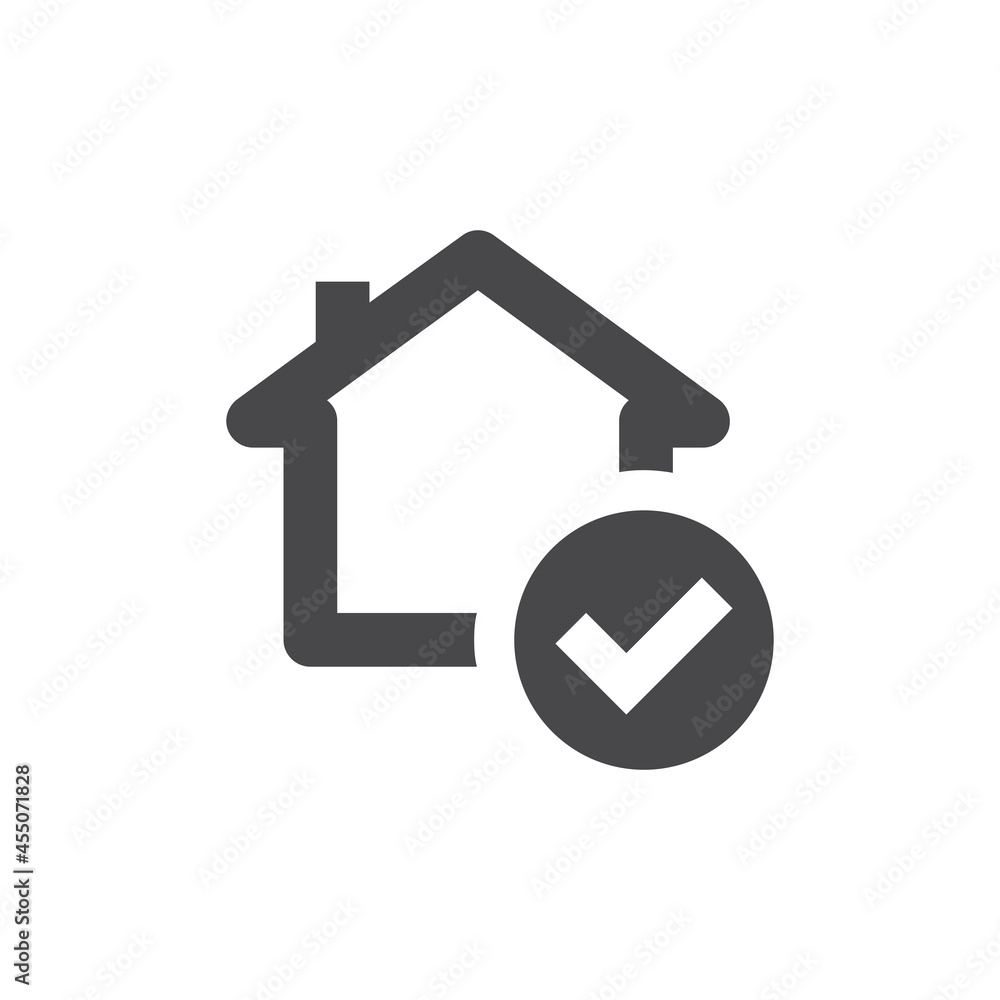 Obraz premium House and checkmark black vector icon. Safe home with ok, tick or check mark symbol.