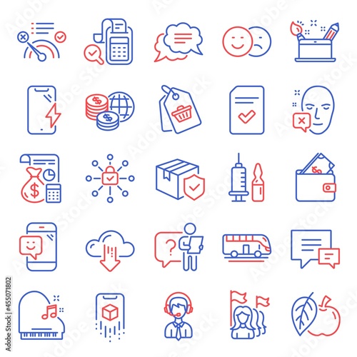 Business icons set. Included icon as Apple, Medical vaccination, Wallet signs. Security lock, Cloud download, Checked file symbols. Smile, Text message, Creativity concept. Piano, Bus tour. Vector