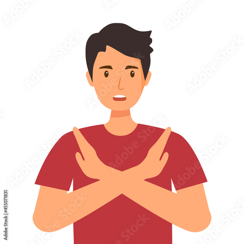 Man refuse or reject hand gesturing in flat design on white background. No means no concept.