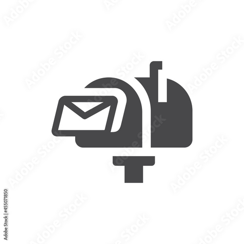 Mailbox with letter black vector icon. Retro mail or post box symbol.