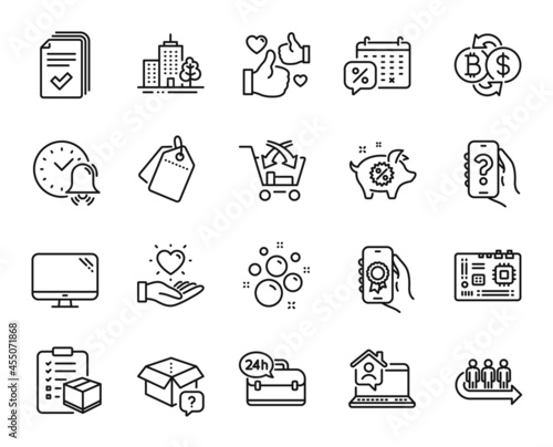 Vector set of Computer, Sale tags and Cross sell line icons set. Queue, Discounts calendar and Handout icons. Hold heart, Work home and Piggy sale signs. Computer web symbol. Vector photo