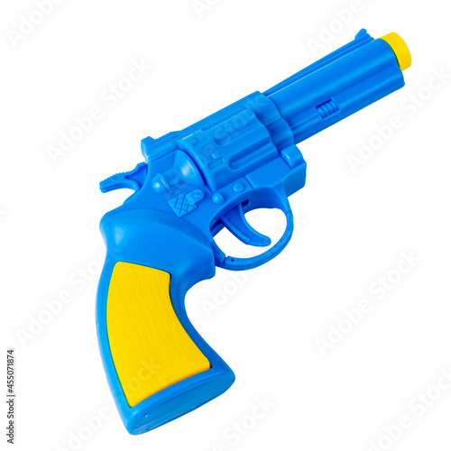 Toy pistol. The pistol is blue. Pistol isolated on white. Isolated background. photo