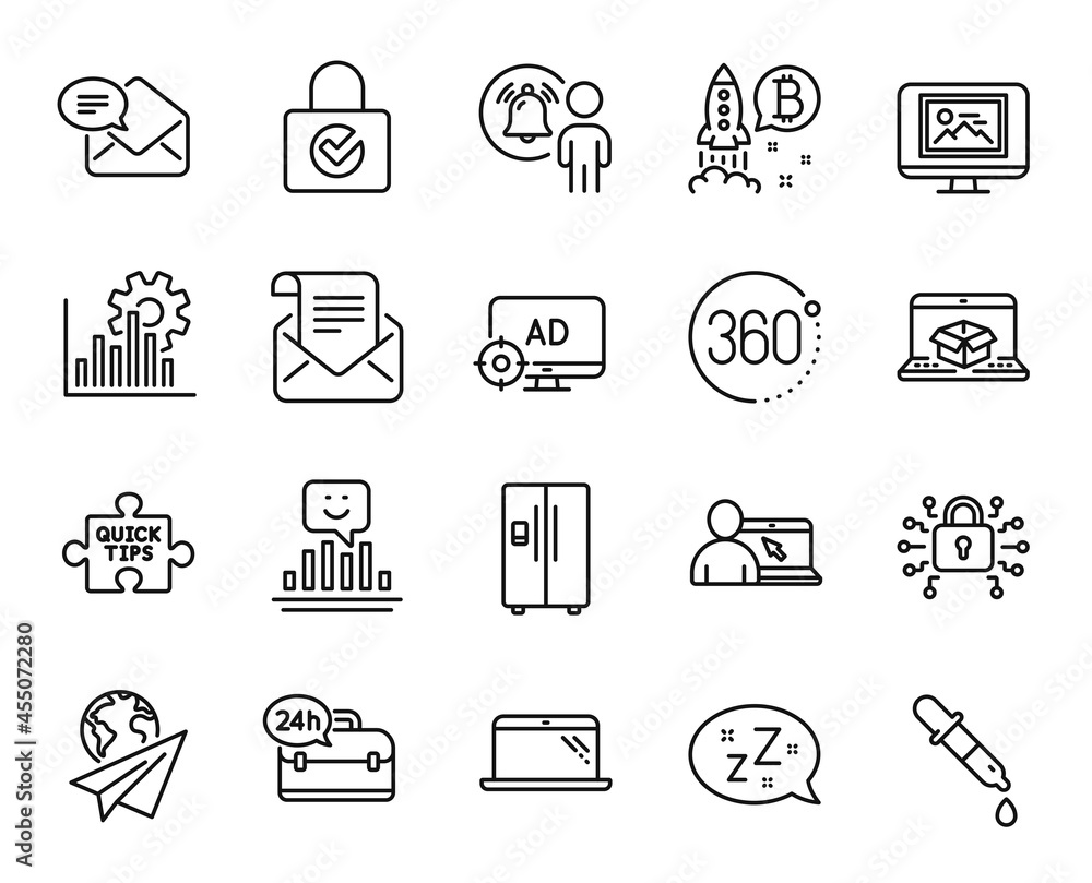 Vector set of 24h service, Quick tips and Paper plane line icons set. User notification, Chemistry pipette and Seo graph icons. Online education, Security lock and 360 degrees signs. Vector