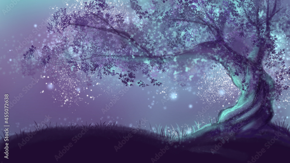 Galaxy sky with silhouette tree and fireflies painting arts Galaxy sky with silhouette tree and fireflies painting arts