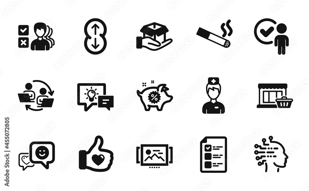 Vector set of Smile, Scroll down and Artificial intelligence icons simple set. Hold box, Doctor and Idea lamp icons. Smoking, Voting ballot and Verification person signs. Vector Vector set of Smile, Scroll down and Artificial intelligence icons simple set. Hold box, Doctor and Idea lamp icons. Smoking, Voting ballot and Verification person signs. Vector