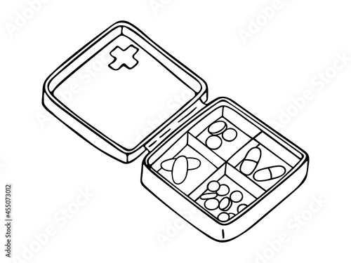 Vector pill box. Storage of medicines. Hand drawn outline doodle icon. Medical illustration isolated on white background. For print, web, design, decor, logo. 