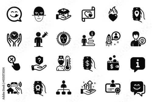 Vector Set of People icons related to People vaccination, Safe time and Smile face icons. Hold box, Startup and Thermometer signs. Face detect, House security and Reject click. Yummy smile. Vector