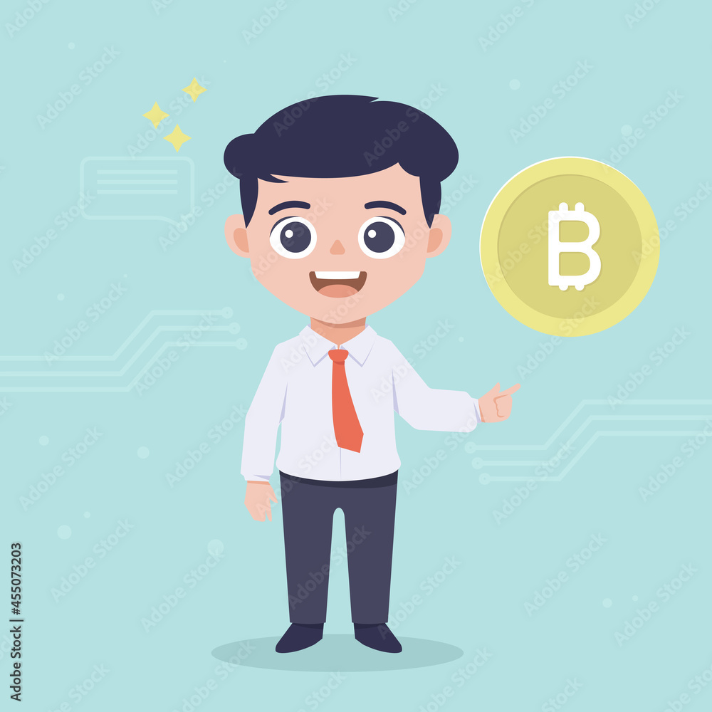 Businessman character with crypto currency concept illustration Businessman character with crypto currency concept illustration