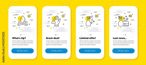 Vector set of Washing cleanser, Water splash and Dont touch line icons set. UI phone app screens with line icons. Cleanser spray icon. Housekeeping spray, Aqua drop, Clean hand. Washing liquid. Vector