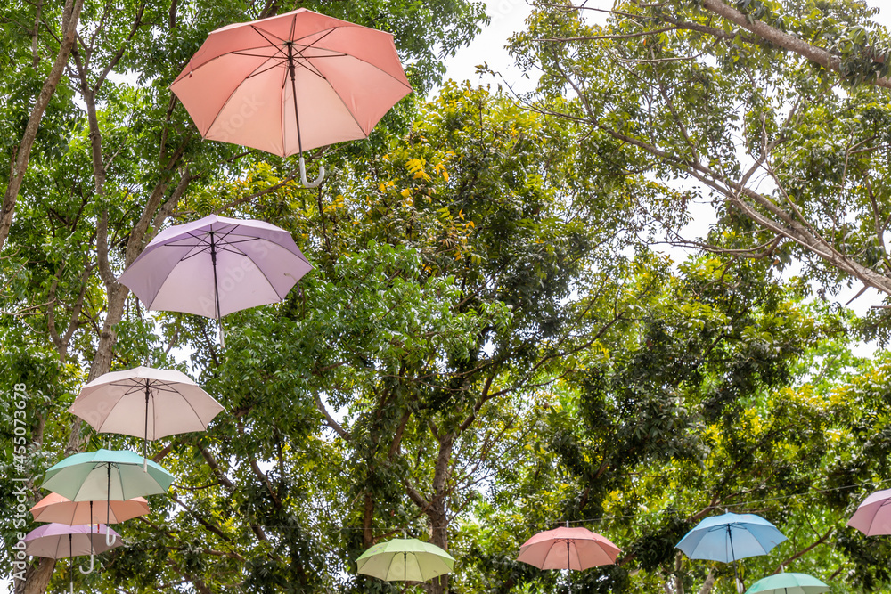 Brightly Colorful umbrellas hang in the air seen from below under a blue sky inside a forest. umbrella hanging as decor. Selective focus.